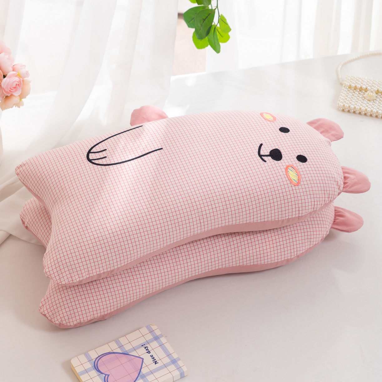 大熊枕芯 2025新款全棉小熊荞麦枕头枕芯 慵懒熊荞麦枕-粉