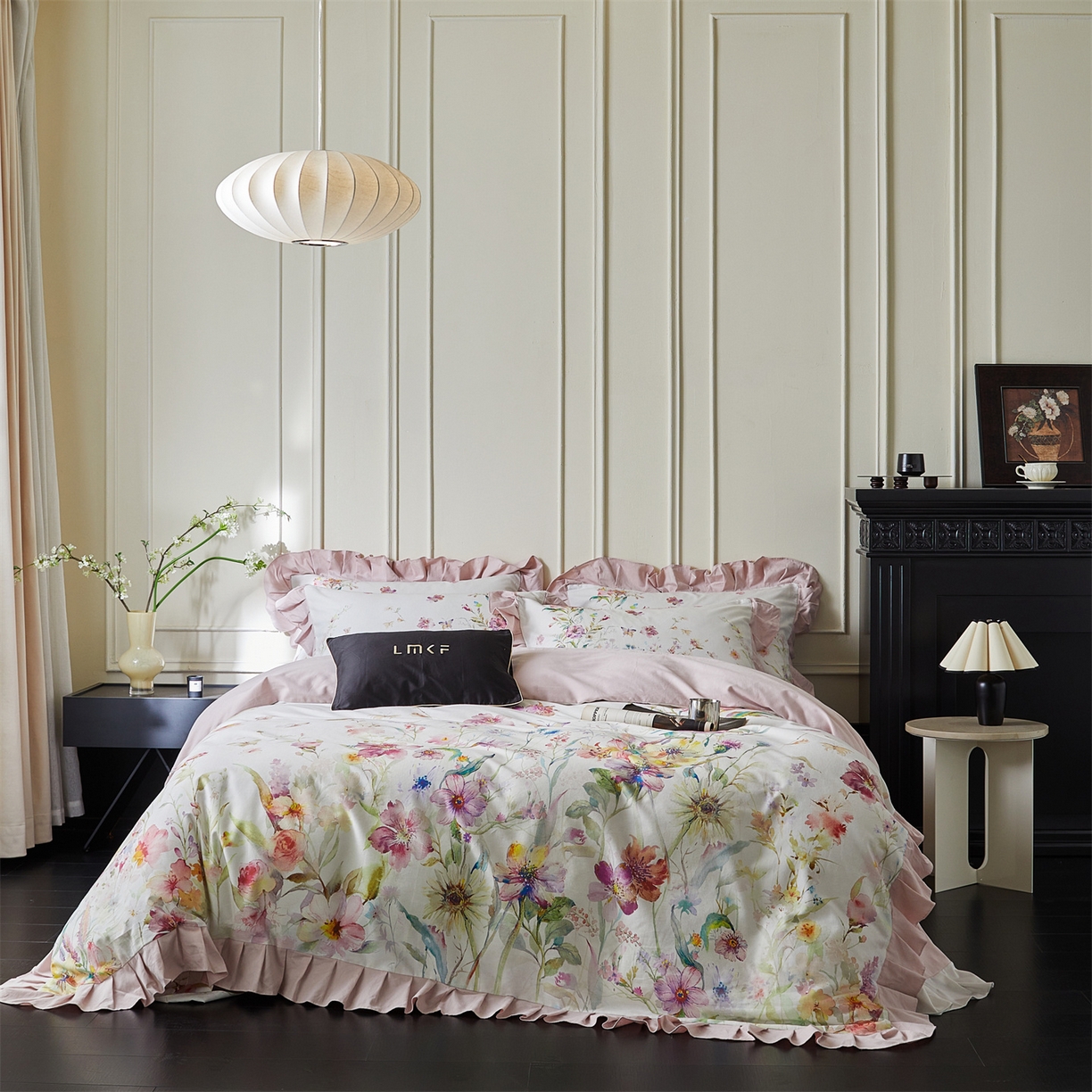 蓝米卡夫 2025秋冬-全棉生态磨毛数码印花-大版花边（礼盒包装）-拍摄风格1 提供买家秀 可可托海-杏粉