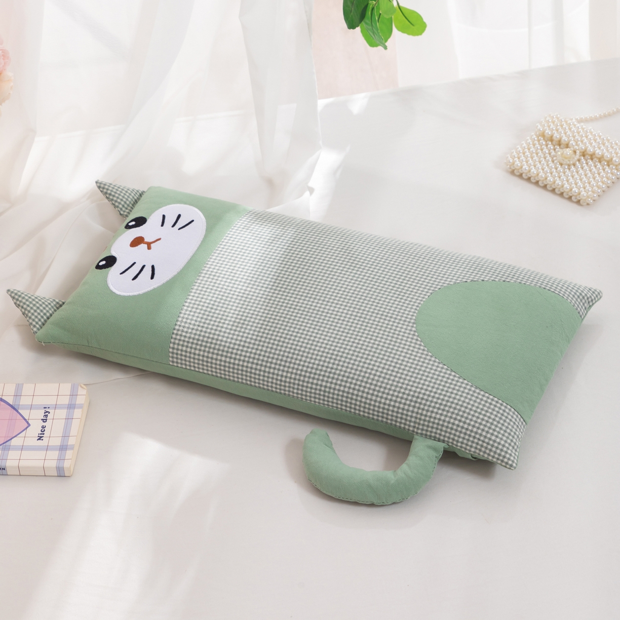 大熊枕芯 2025新款贴布绣卡通荞麦枕头枕芯 绿色-小猫