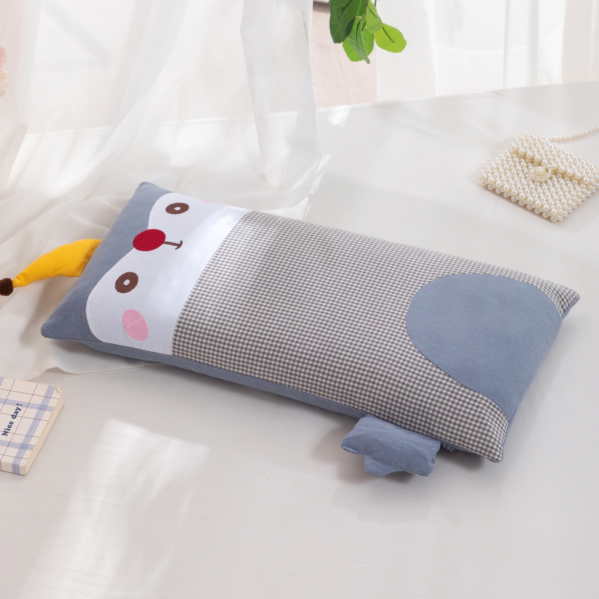大熊枕芯 2025新款贴布绣卡通荞麦枕头枕芯 蓝色-企鹅