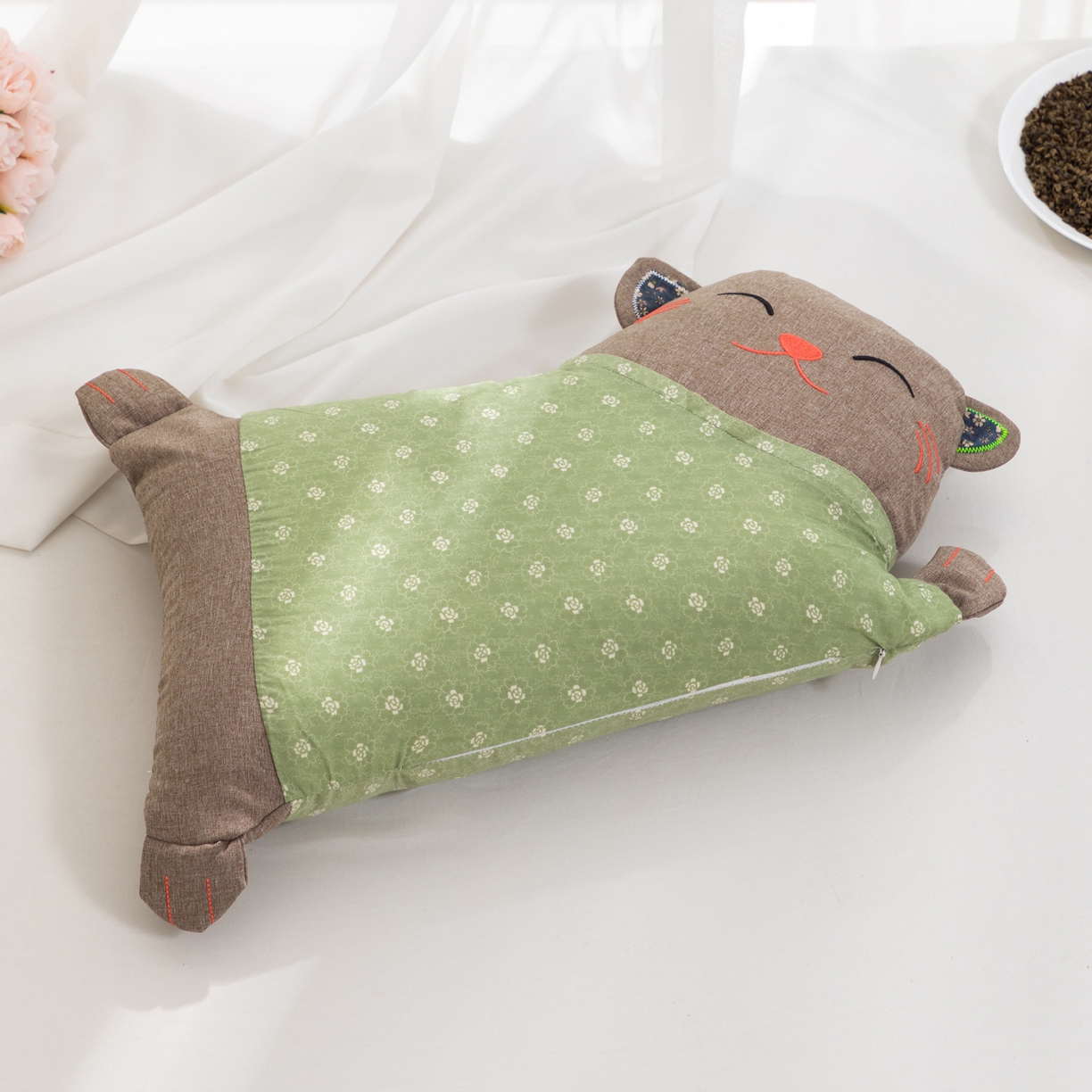 91家纺网 家纺一手货源 找家纺 大熊枕芯 2025新款招财猫荞麦枕头枕芯 招财猫-绿