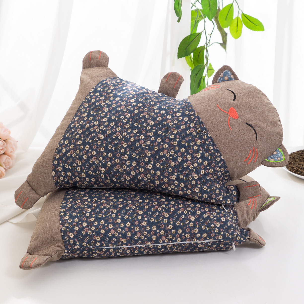 91家纺网 家纺一手货源 找家纺 大熊枕芯 2025新款招财猫荞麦枕头枕芯 招财猫-灰