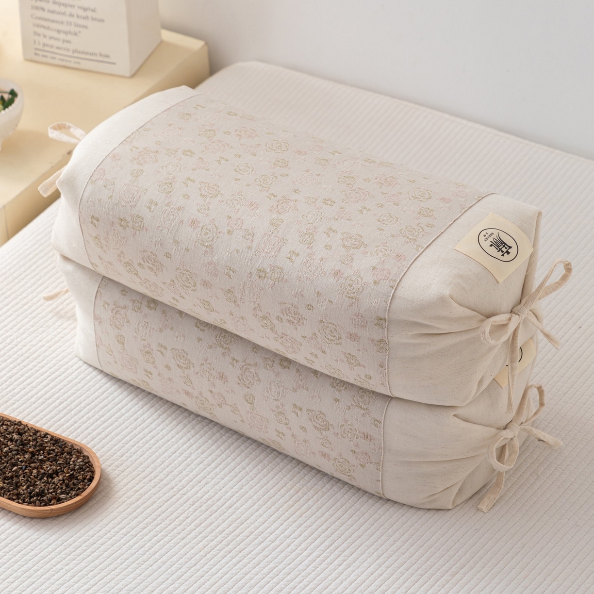 大熊枕芯 2025新款国潮棉麻荞麦枕头枕芯 玫瑰-卡其