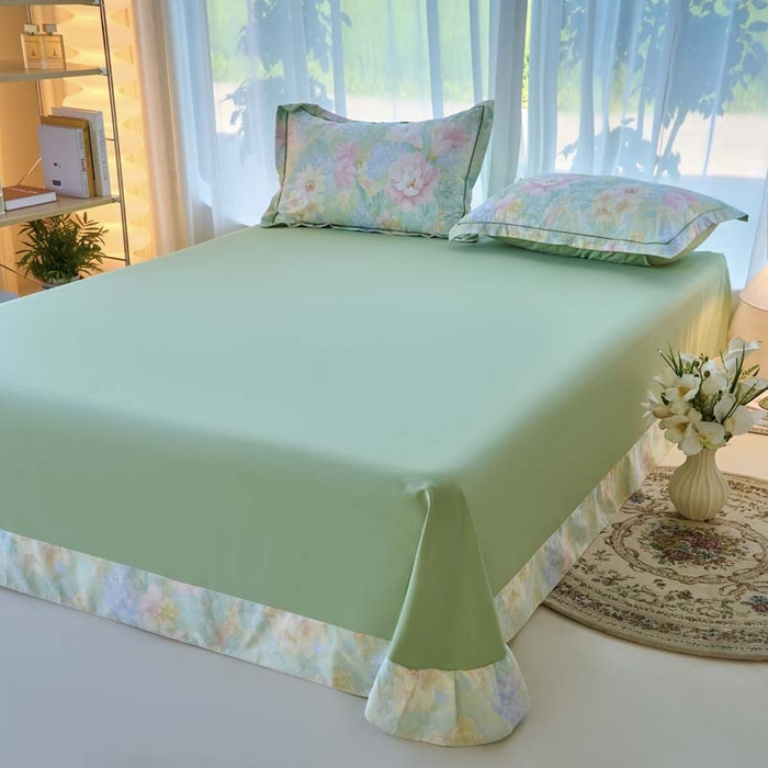 91家纺网 家纺一手货源 找家纺 铭博家纺 2025新款直播爆款100%全棉吊边一字绣工艺款13070印花全棉四件套 白棠雾黎