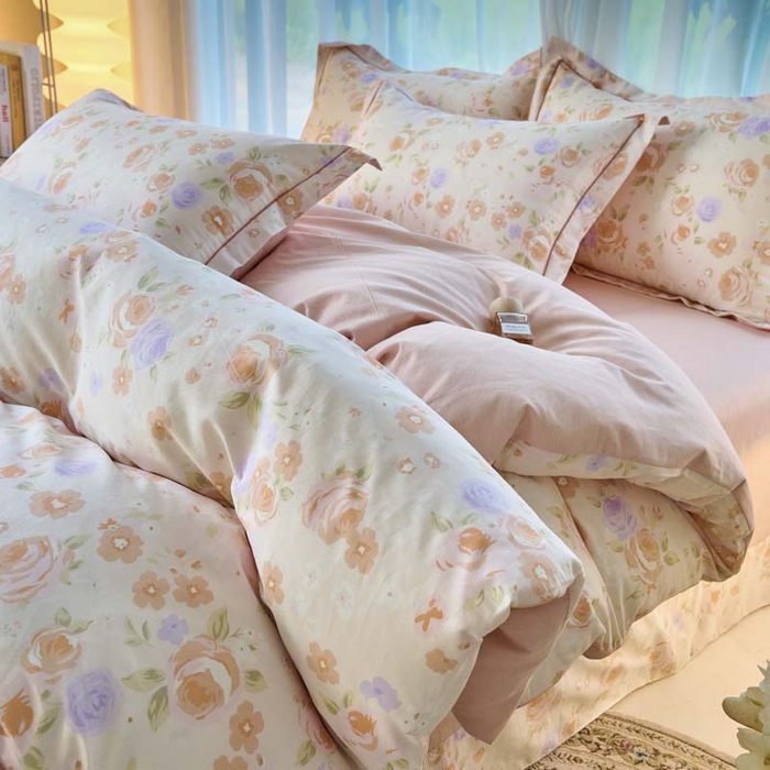 91家纺网 家纺一手货源 找家纺 铭博家纺 2025新款直播爆款100%全棉吊边一字绣工艺款13070印花全棉四件套 浮云花浔