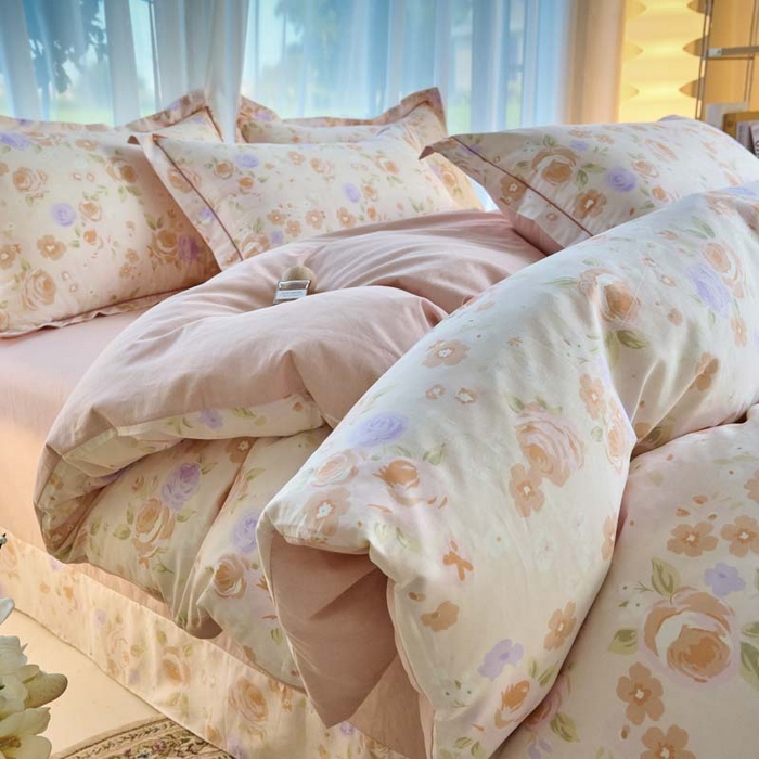 铭博家纺 2025新款直播爆款100%全棉吊边一字绣工艺款13070印花全棉四件套 浮云花浔