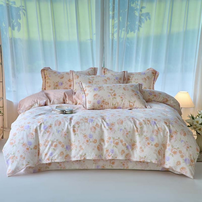 91家纺网 家纺一手货源 找家纺 铭博家纺 2025新款直播爆款100%全棉吊边一字绣工艺款13070印花全棉四件套 浮云花浔