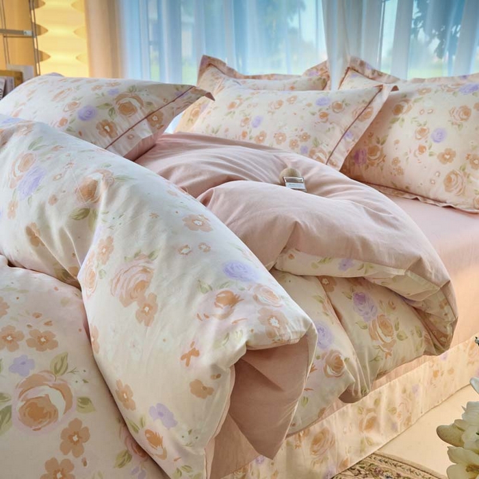 91家纺网 家纺一手货源 找家纺 铭博家纺 2025新款直播爆款100%全棉吊边一字绣工艺款13070印花全棉四件套 浮云花浔