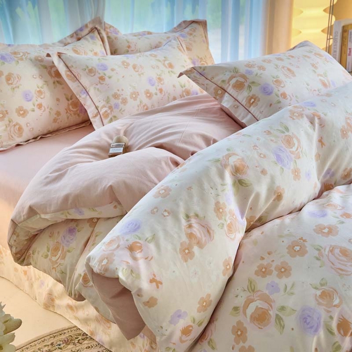 91家纺网 家纺一手货源 找家纺 铭博家纺 2025新款直播爆款100%全棉吊边一字绣工艺款13070印花全棉四件套 浮云花浔