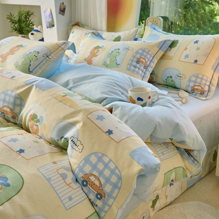 91家纺网 家纺一手货源 找家纺 铭博家纺 2025新款直播爆款100%全棉吊边一字绣工艺款13070印花全棉四件套 童龙记