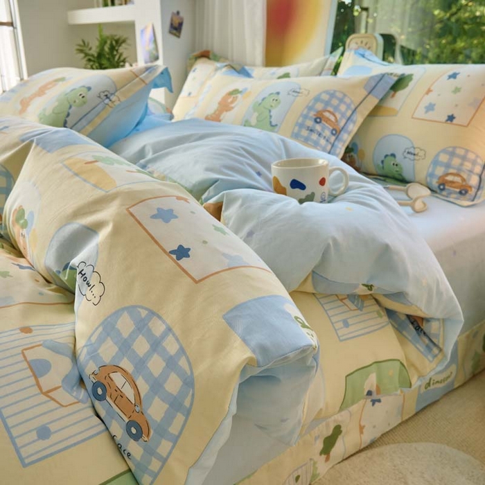 91家纺网 家纺一手货源 找家纺 铭博家纺 2025新款直播爆款100%全棉吊边一字绣工艺款13070印花全棉四件套 童龙记