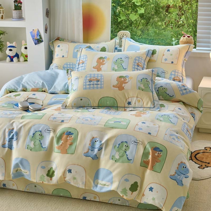 91家纺网 家纺一手货源 找家纺 铭博家纺 2025新款直播爆款100%全棉吊边一字绣工艺款13070印花全棉四件套 童龙记