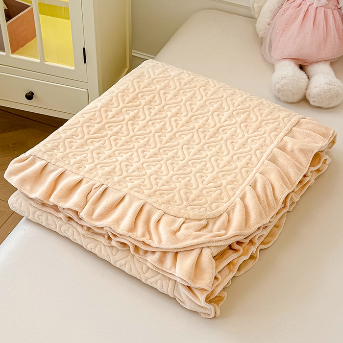 91家纺网 家纺一手货源 找家纺 归属 2025新款牛奶绒花边床盖三件套系列 卡其色