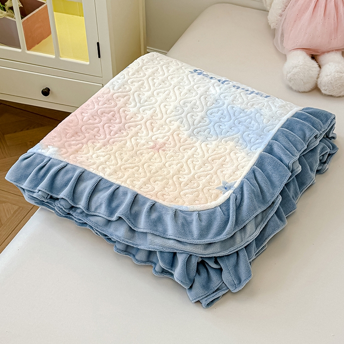 91家纺网 家纺一手货源 找家纺 归属 2025新款牛奶绒花边床盖三件套系列 浪漫星空蓝