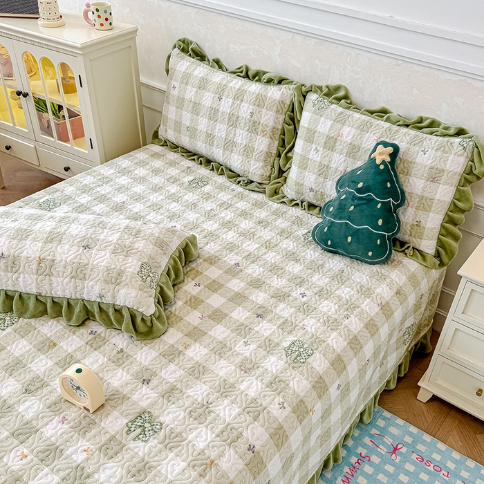 归属 2025新款牛奶绒花边床盖三件套系列 绿韵蝴蝶结