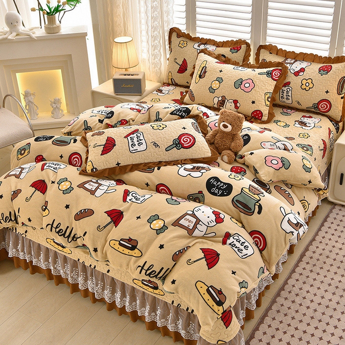 艺慕家纺 2025新款时尚印花牛奶绒床盖四件套 可爱猫