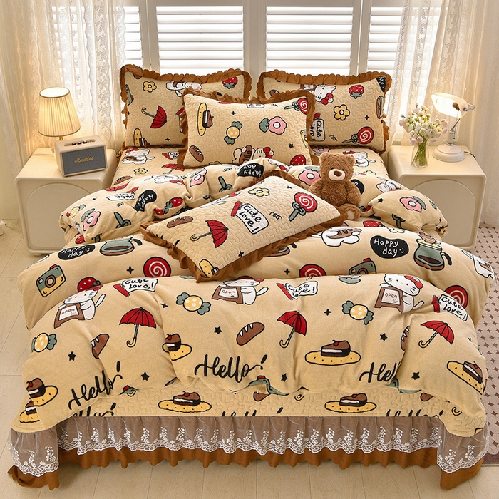 91家纺网 家纺一手货源 找家纺 艺慕家纺 2025新款时尚印花牛奶绒床盖四件套 可爱猫