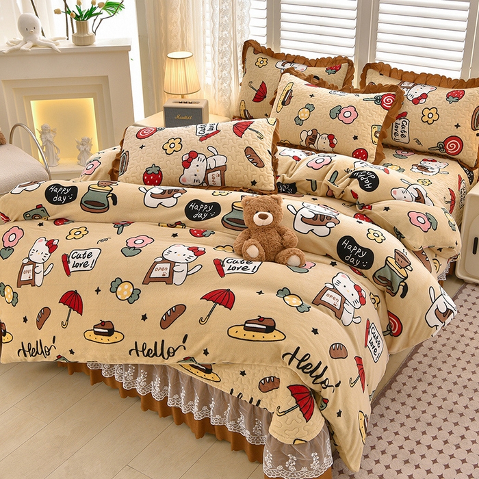 91家纺网 家纺一手货源 找家纺 艺慕家纺 2025新款时尚印花牛奶绒床盖四件套 可爱猫