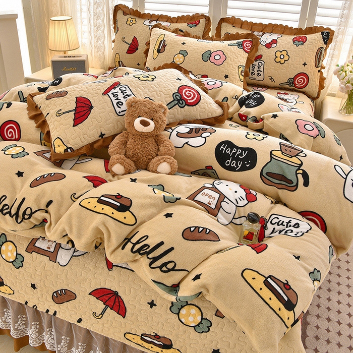 91家纺网 家纺一手货源 找家纺 艺慕家纺 2025新款时尚印花牛奶绒床盖四件套 可爱猫