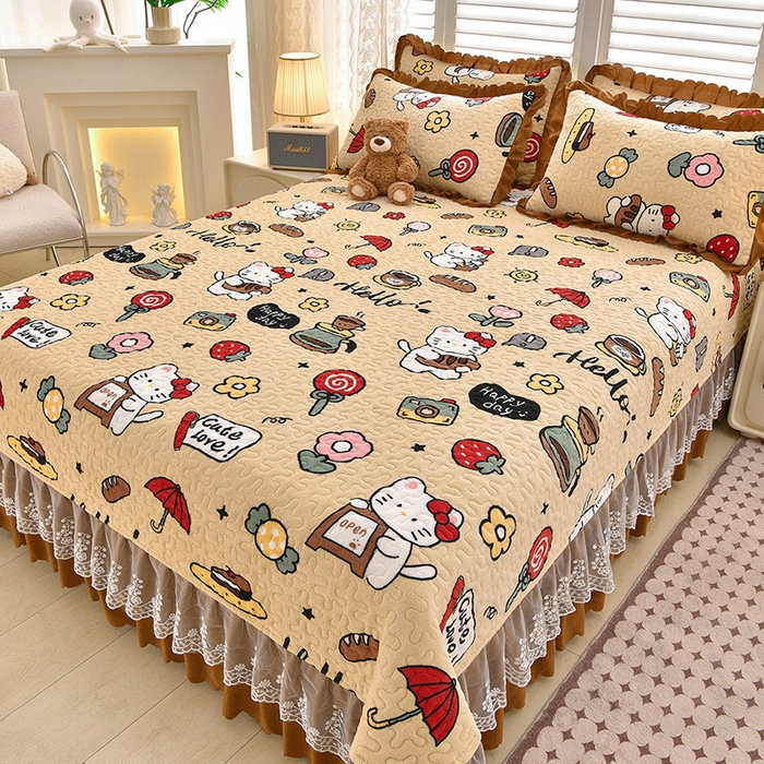 91家纺网 家纺一手货源 找家纺 艺慕家纺 2025新款时尚印花牛奶绒床盖四件套 可爱猫