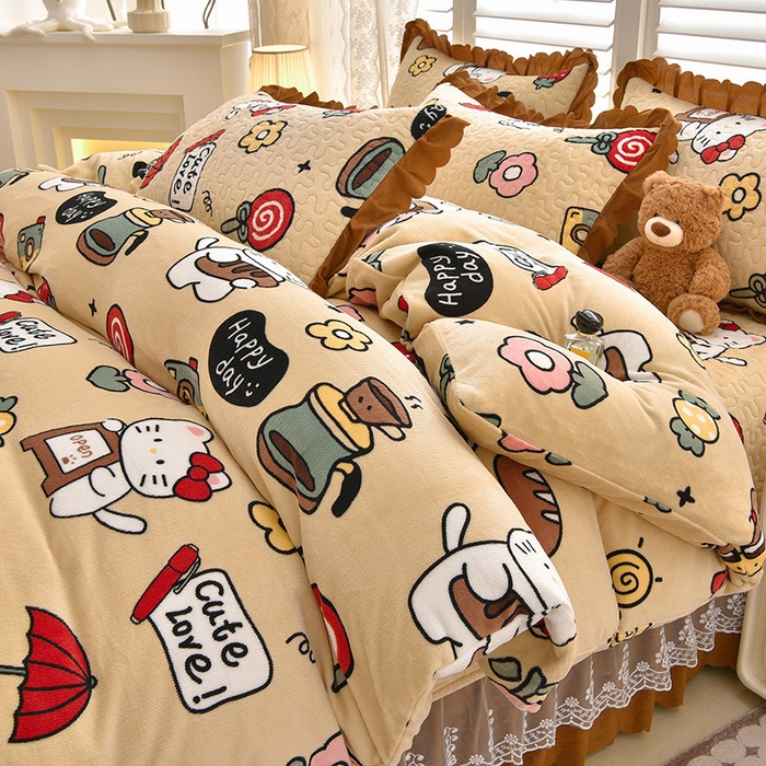 91家纺网 家纺一手货源 找家纺 艺慕家纺 2025新款时尚印花牛奶绒床盖四件套 可爱猫