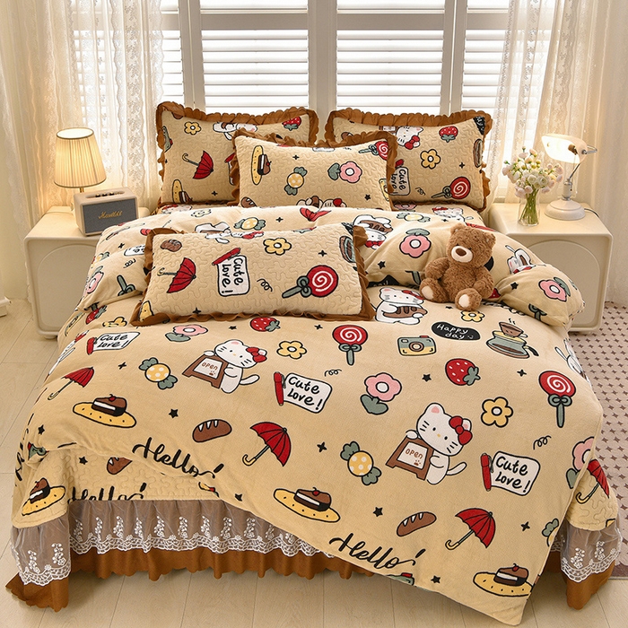 91家纺网 家纺一手货源 找家纺 艺慕家纺 2025新款时尚印花牛奶绒床盖四件套 可爱猫