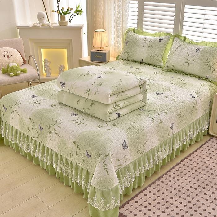 91家纺网 家纺一手货源 找家纺 艺慕家纺 2025新款时尚印花牛奶绒床盖四件套 竹叶蝶