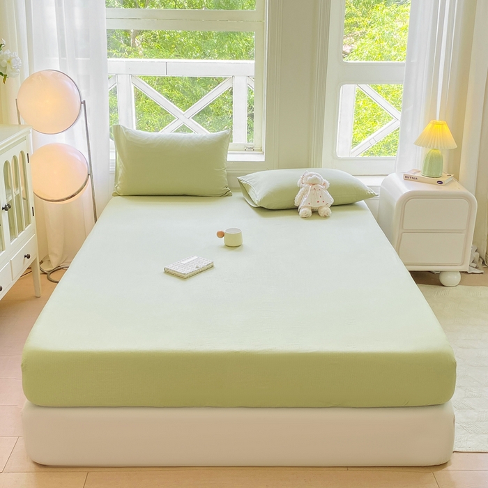 91家纺网 家纺一手货源 找家纺 朵朵家纺  2025新款超柔纯色单床笠单品学生宿舍床垫保护套  果绿