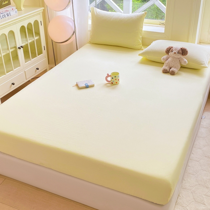 91家纺网 家纺一手货源 找家纺 朵朵家纺  2025新款超柔纯色单床笠单品学生宿舍床垫保护套  奶黄