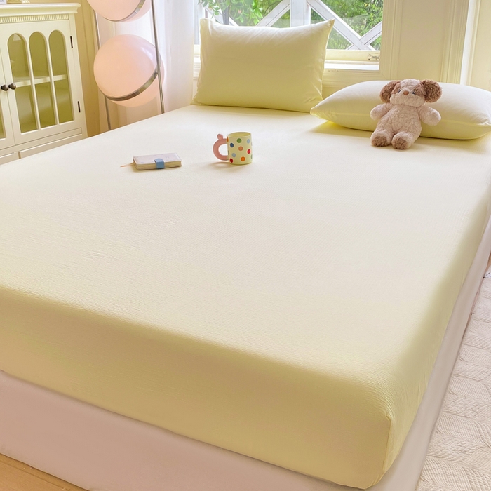 91家纺网 家纺一手货源 找家纺 朵朵家纺  2025新款超柔纯色单床笠单品学生宿舍床垫保护套  奶黄