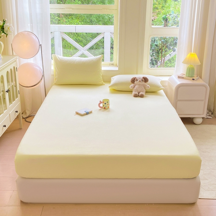 91家纺网 家纺一手货源 找家纺 朵朵家纺  2025新款超柔纯色单床笠单品学生宿舍床垫保护套  奶黄