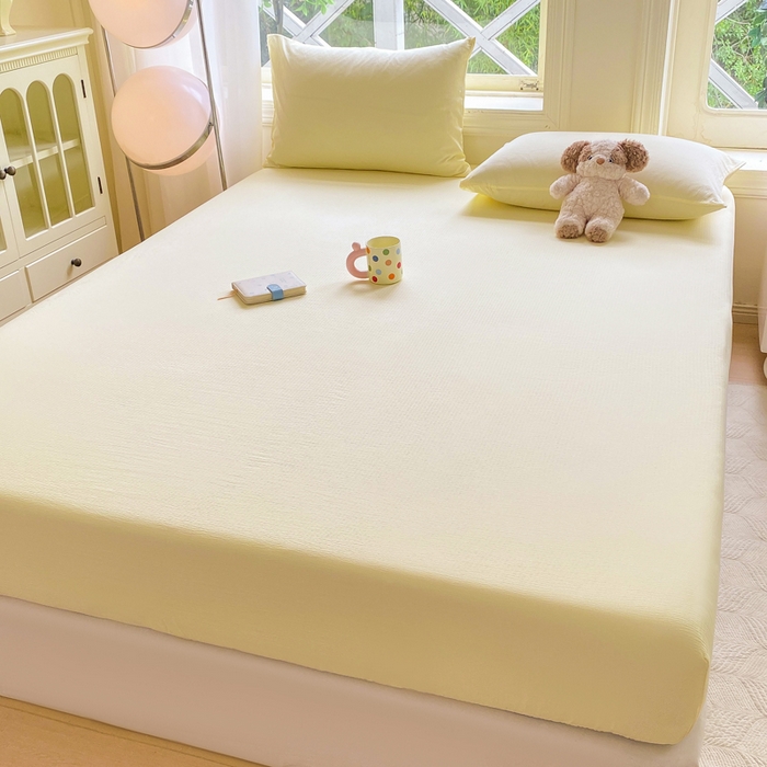 91家纺网 家纺一手货源 找家纺 朵朵家纺  2025新款超柔纯色单床笠单品学生宿舍床垫保护套  奶黄