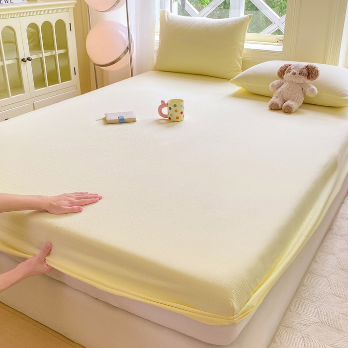 91家纺网 家纺一手货源 找家纺 朵朵家纺  2025新款超柔纯色单床笠单品学生宿舍床垫保护套  奶黄