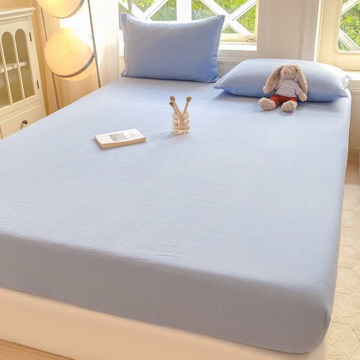 91家纺网 家纺一手货源 找家纺 朵朵家纺  2025新款超柔纯色单床笠单品学生宿舍床垫保护套  雾蓝