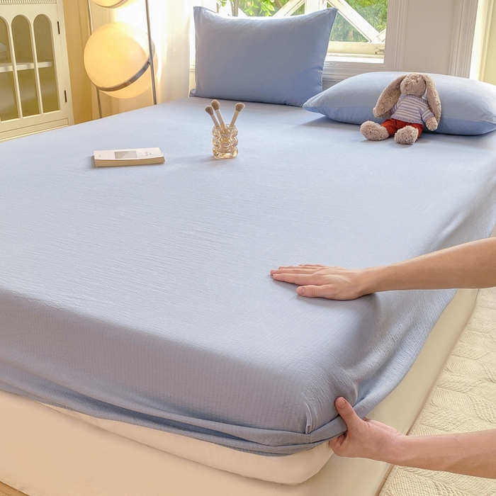 91家纺网 家纺一手货源 找家纺 朵朵家纺  2025新款超柔纯色单床笠单品学生宿舍床垫保护套  雾蓝