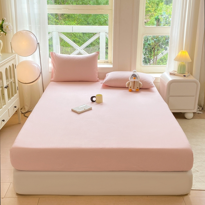 91家纺网 家纺一手货源 找家纺 朵朵家纺  2025新款超柔纯色单床笠单品学生宿舍床垫保护套  樱花粉