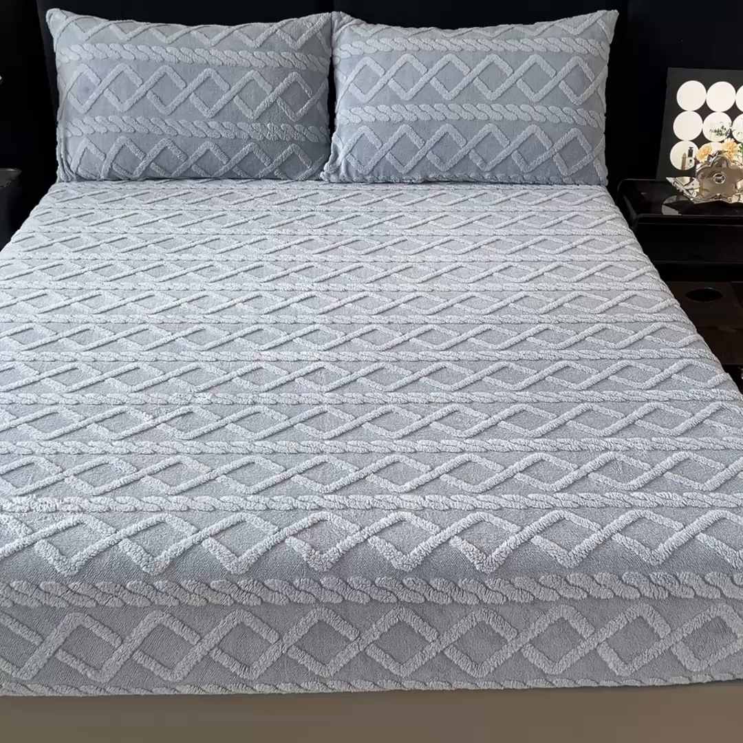 91家纺网 家纺一手货源 找家纺 米瑞娜 2025秋冬新款塔芙绒床笠跨境外贸单品尺寸齐全 蓝灰色