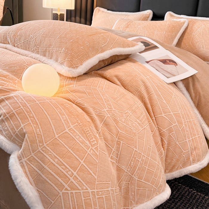 91家纺网 家纺一手货源 找家纺 （总）诺梵家纺 2025新款兔毛绒包边 雕花绒四件套