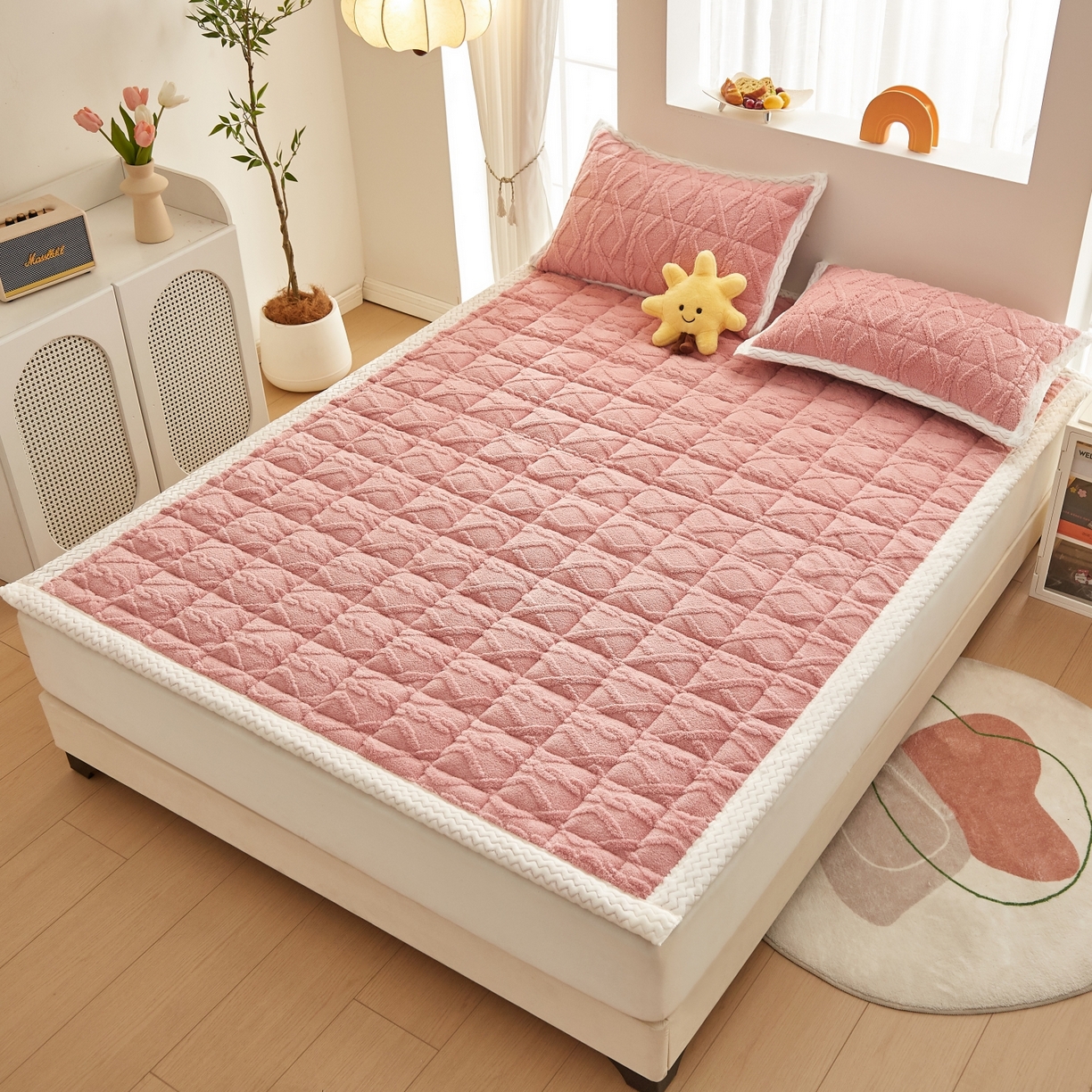 91家纺网 家纺一手货源 找家纺 缦吉 2025新款成人款高克重塔芙蓉床褥床护垫 豆沙粉（全网最低）