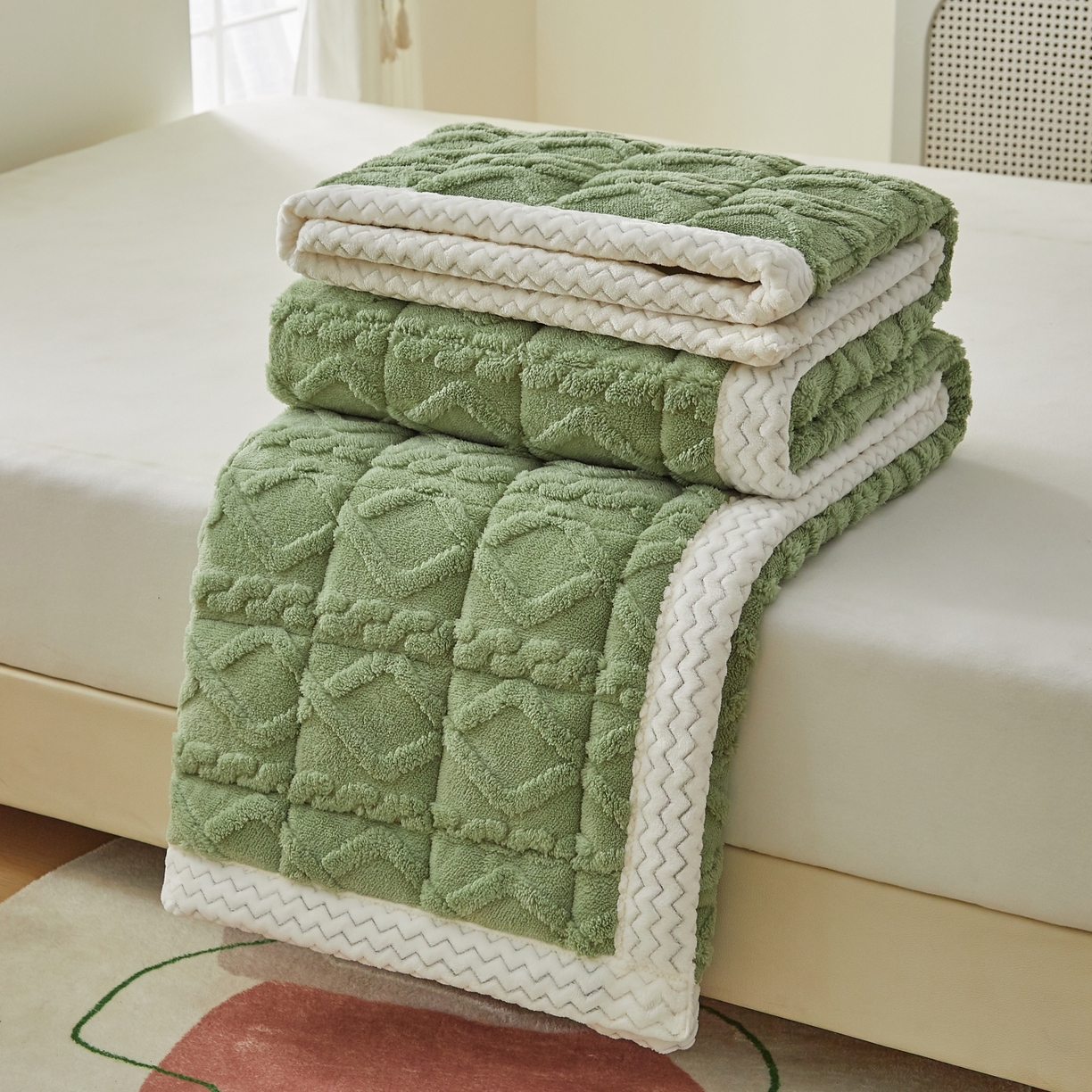 91家纺网 家纺一手货源 找家纺 缦吉 2025新款成人款高克重塔芙蓉床褥床护垫 橄榄绿（全网最低）