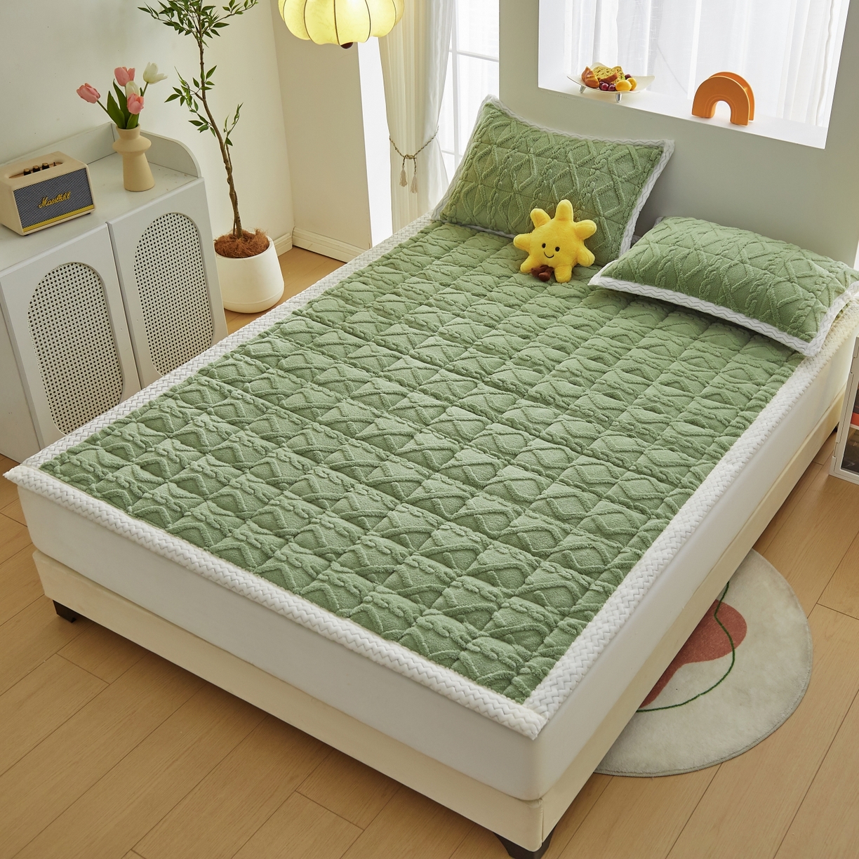 91家纺网 家纺一手货源 找家纺 缦吉 2025新款成人款高克重塔芙蓉床褥床护垫 橄榄绿（全网最低）