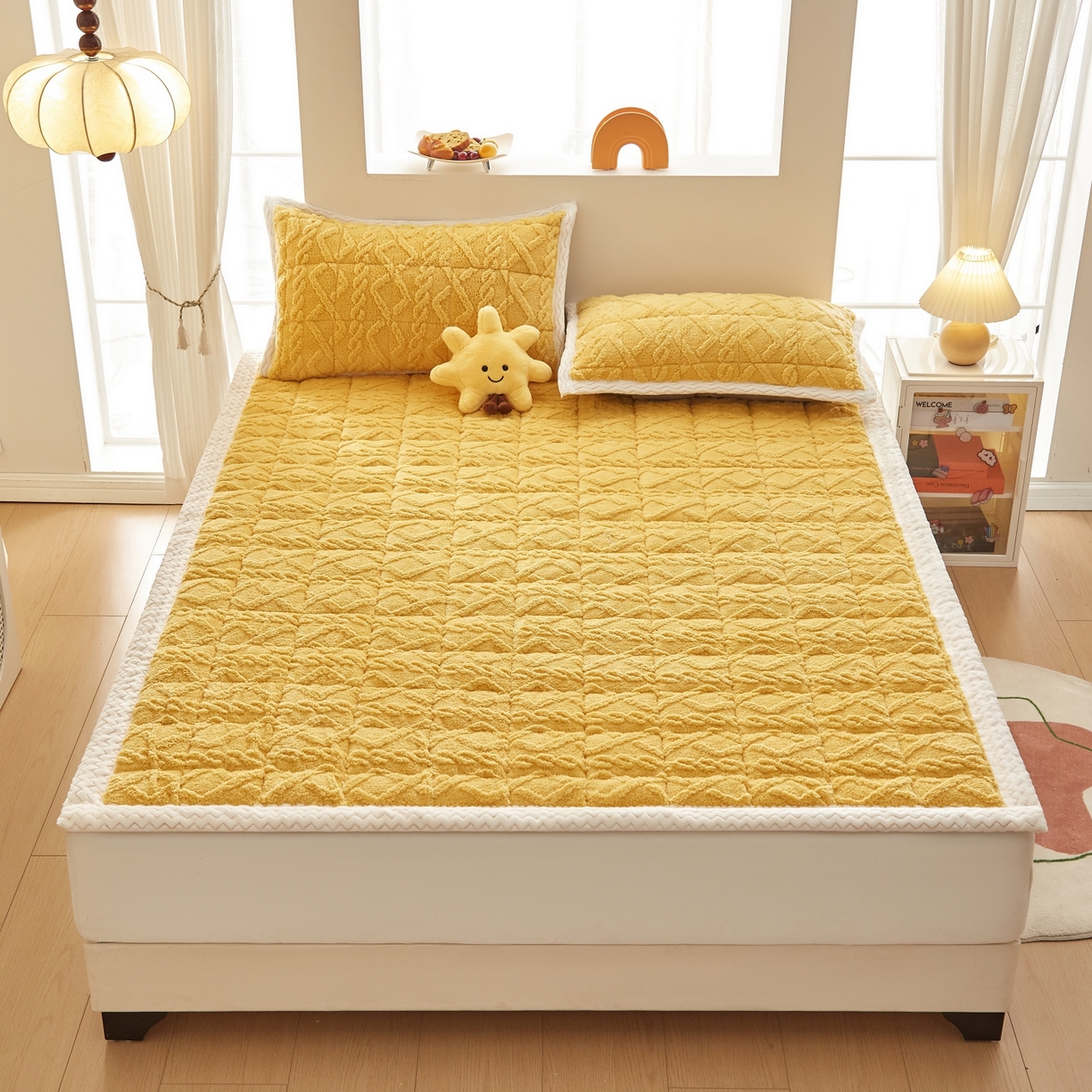 91家纺网 家纺一手货源 找家纺 缦吉 2025新款成人款高克重塔芙蓉床褥床护垫 柠檬黄（全网最低）