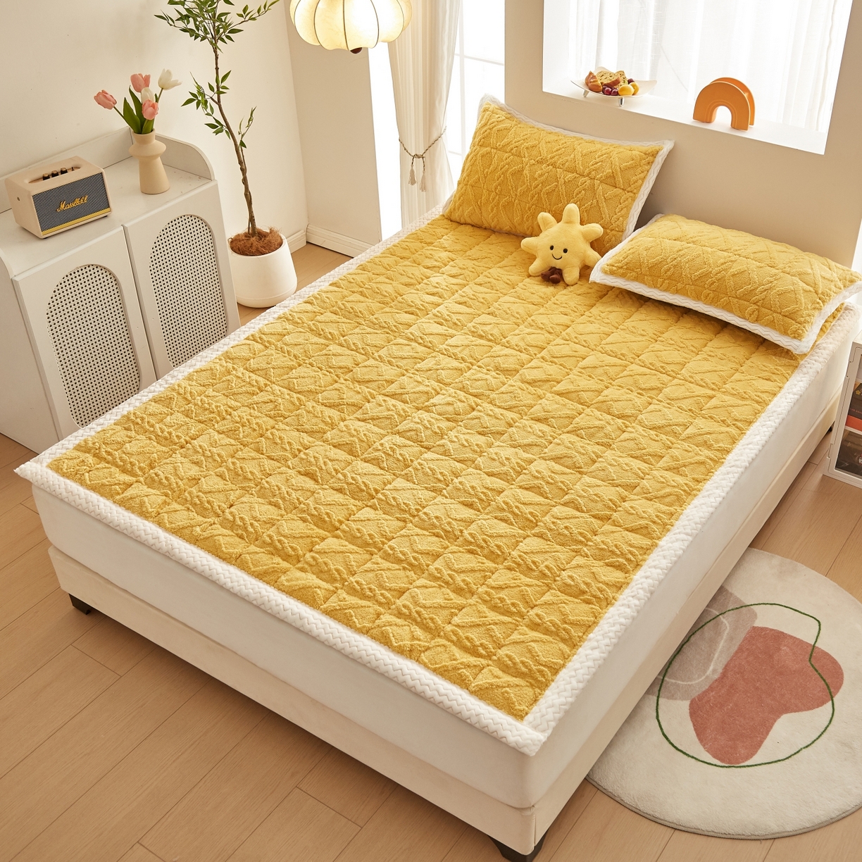 91家纺网 家纺一手货源 找家纺 缦吉 2025新款成人款高克重塔芙蓉床褥床护垫 柠檬黄（全网最低）