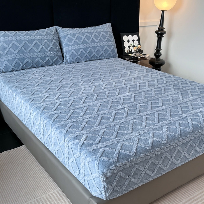 91家纺网 家纺一手货源 找家纺 米瑞娜 2025秋冬新款塔芙绒床笠跨境外贸单品尺寸齐全 蓝灰色