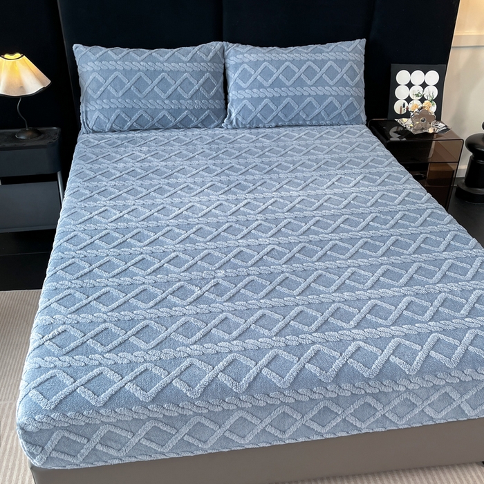 91家纺网 家纺一手货源 找家纺 米瑞娜 2025秋冬新款塔芙绒床笠跨境外贸单品尺寸齐全 蓝灰色