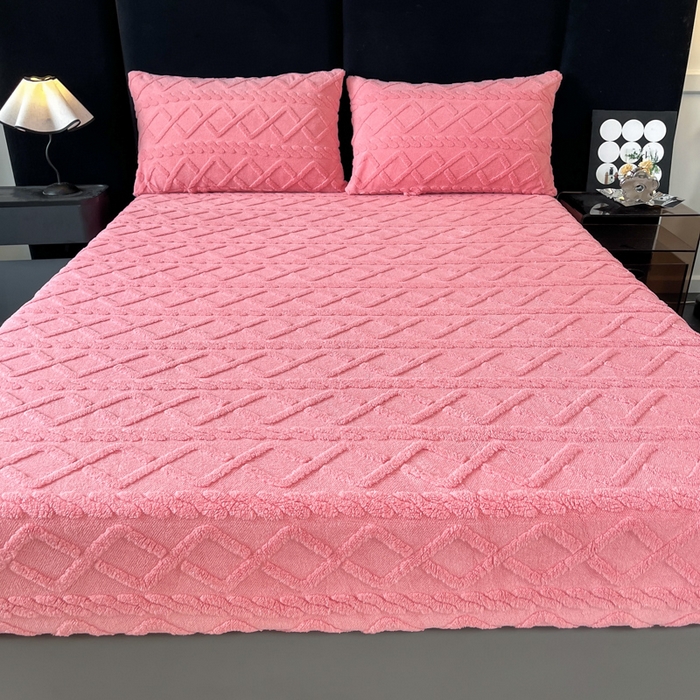 91家纺网 家纺一手货源 找家纺 米瑞娜 2025秋冬新款塔芙绒床笠跨境外贸单品尺寸齐全 玫红