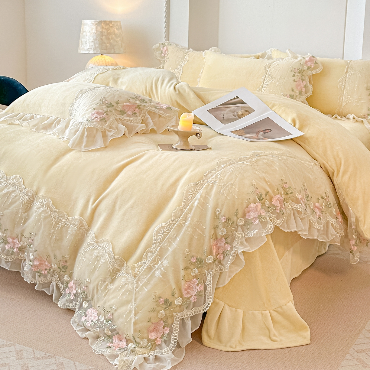 凯美家居 2025新款A类牛奶绒蕾丝刺绣四件套-锦上添花 锦上添花-浅黄