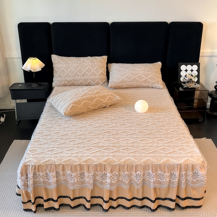 91家纺网 家纺一手货源 找家纺 米瑞娜  2025新款塔芙绒雕花蕾丝床裙跨境外贸 卡其