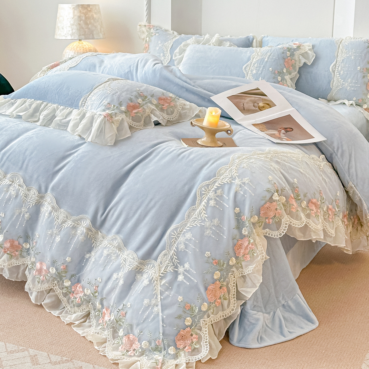 凯美家居 2025新款A类牛奶绒蕾丝刺绣四件套-锦上添花 锦上添花-浅蓝