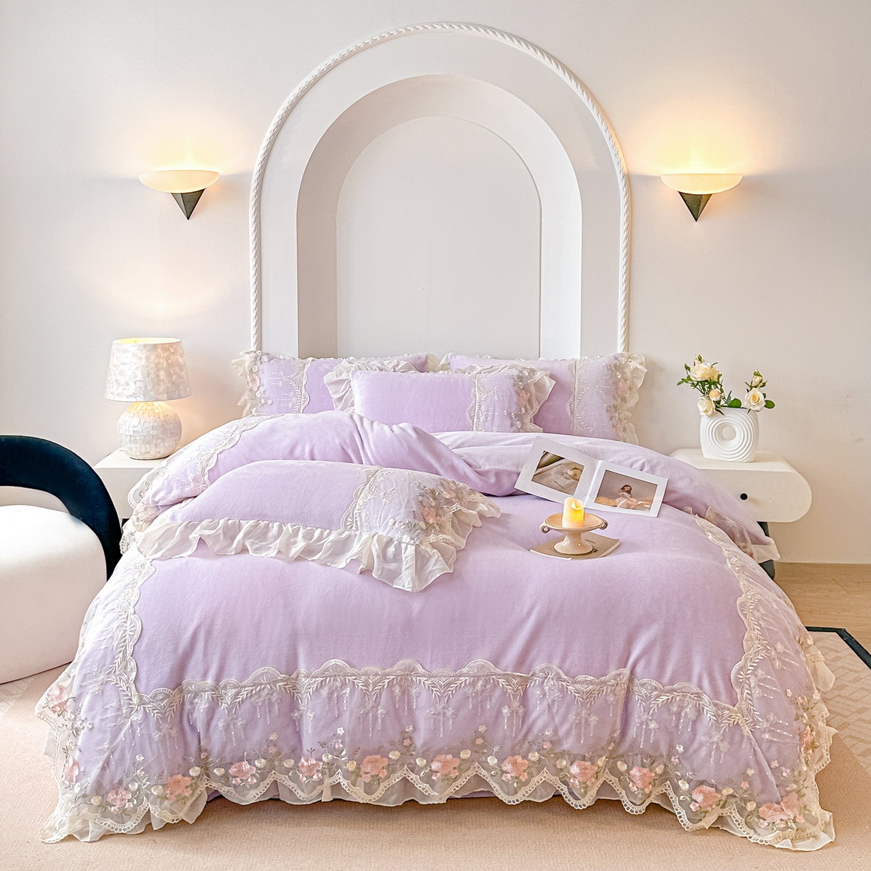 91家纺网 家纺一手货源 找家纺 凯美家居 2025新款A类牛奶绒蕾丝刺绣四件套-锦上添花 锦上添花-浅紫